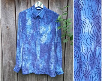 80s Blue blouse for women Vintage summer blouses Tie dye VTG 1990s Black abstraction shirt Long sleeve Retro clothes Oversize Clothing Large