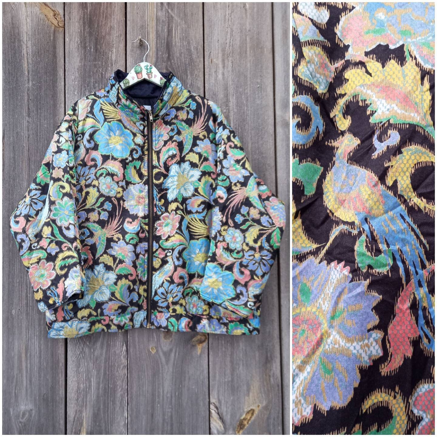 ジャケット・アウター 80s90s vintage floral fur bomber jacket 90s Vintage Floral Bomber Jacket: XL Black Satin Blazer - Etsy