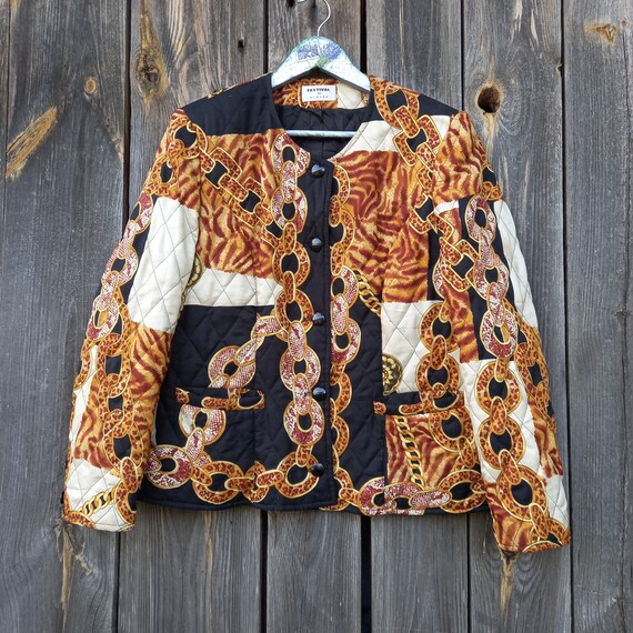 Veste femme leopard vintage des annees 90 veste matelassee blazer femme automne marron animal colore abstrait imprime des annees 80 vetements baroque taille L boutonne Etsy France