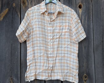 Vintage 80s Linen Plaid Blouse - Oversized Short Sleeve Top, Size L