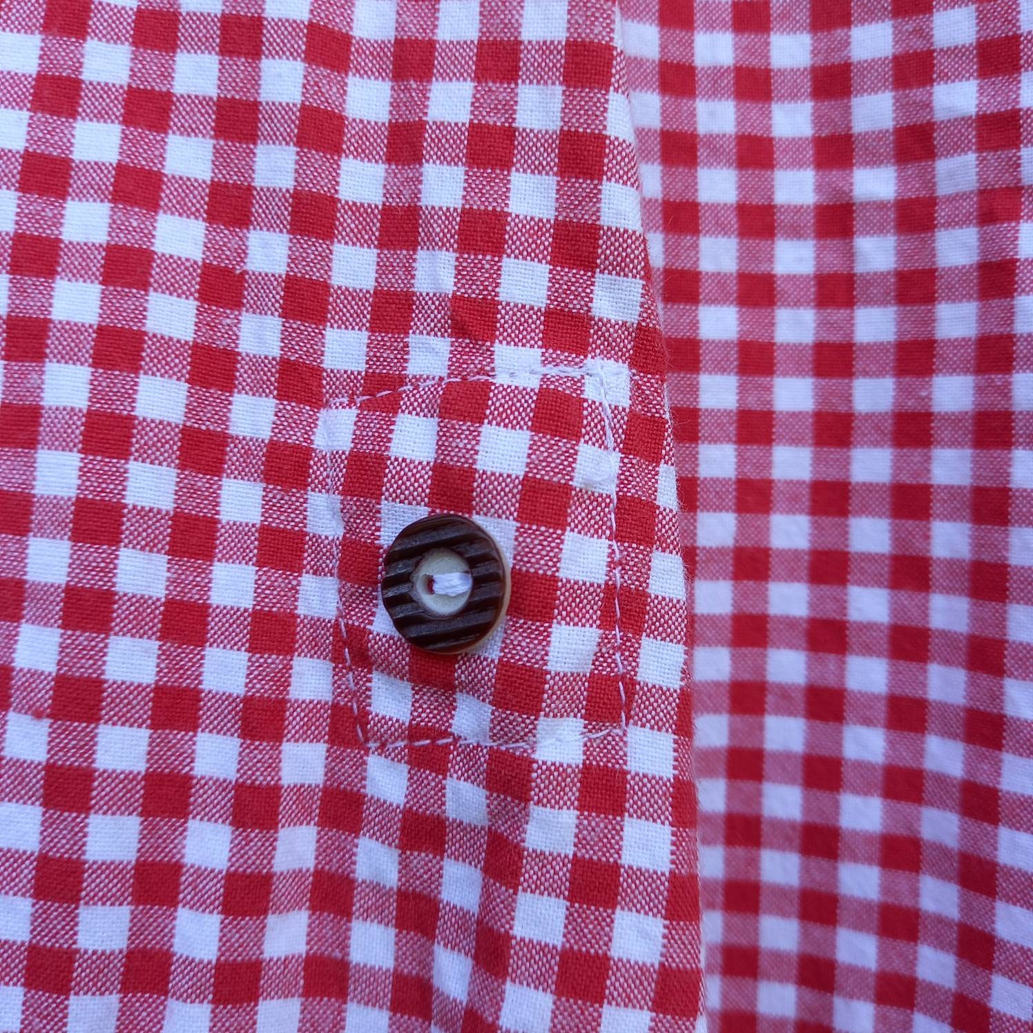 Red White Shirt Men Checkered Plaid Trachten Dirndl Vintage