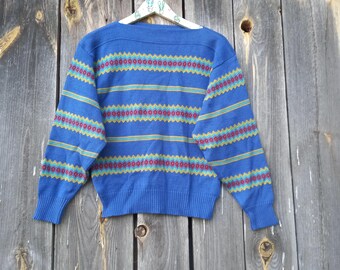 Embroidered Knit Sweater: 70s Vintage Colorblock Cardigan - S/M