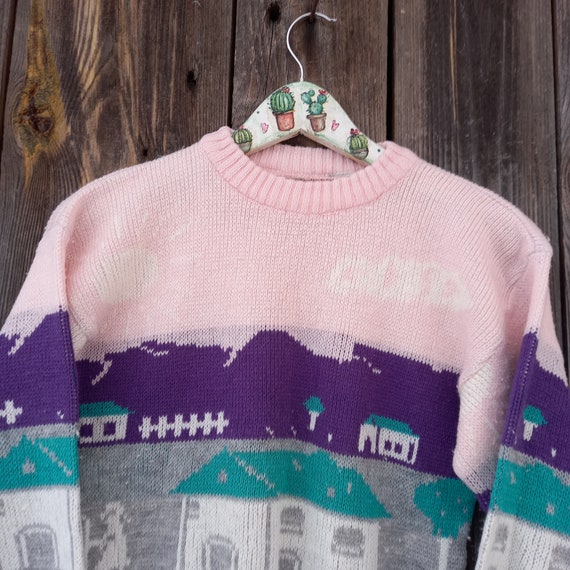 90s Pink sweater girl kids 80s Vintage knit embro… - image 4