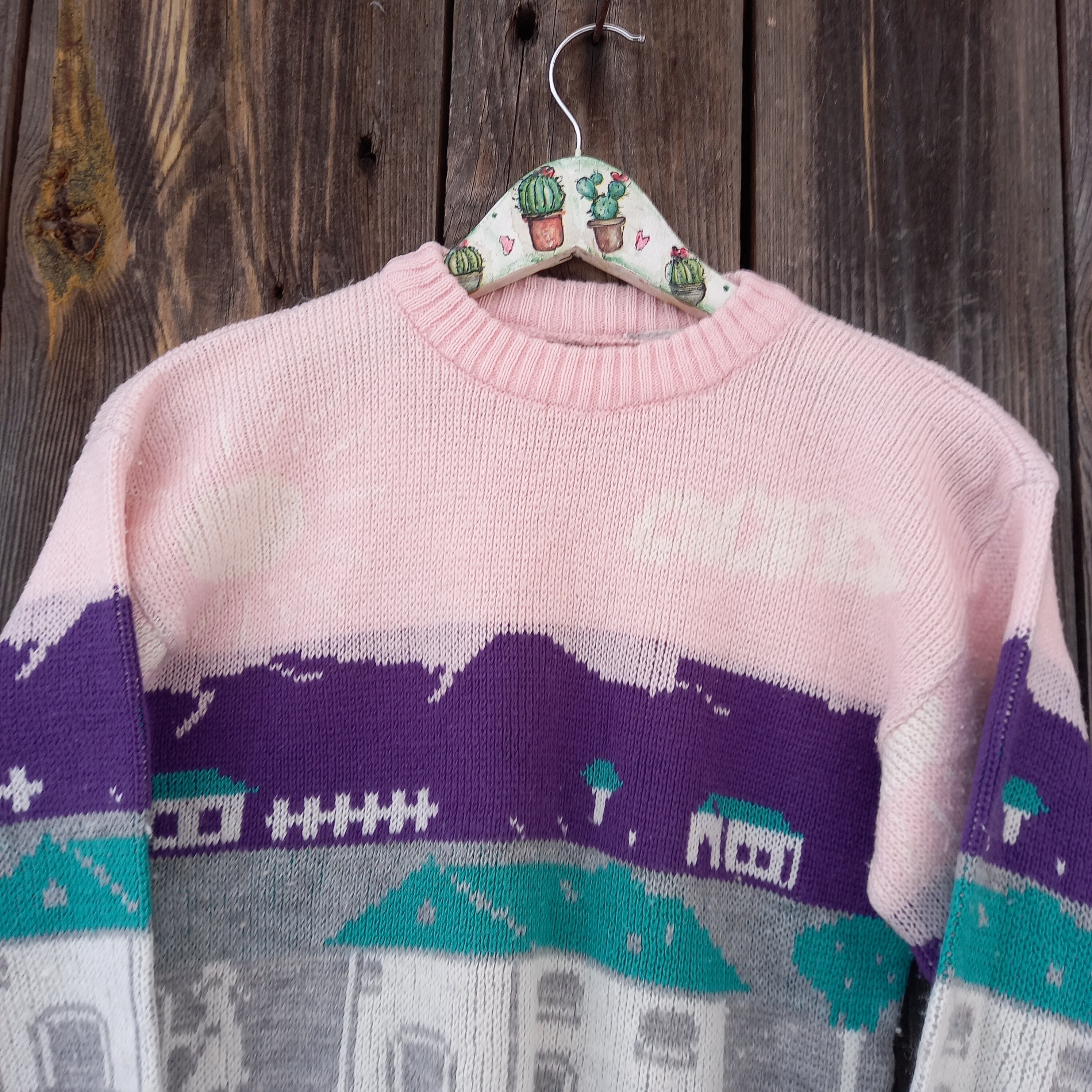 90s Pink Sweater Girl Kids 80s Vintage Knit Embroidery Dog