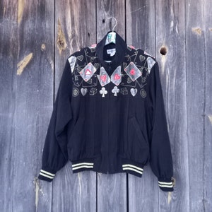 Veste femme ou homme Las Vegas Lucky Casino Poker années 80 aviateur vintage disco blazer cartes à jouer vêtements patch brodé rétro vêtements M L