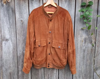 90s Vintage bomber jacket men Coat Suede Leather Brown Clothing Rustic Blazer Hippie Western Clothes Boho style XL Cowboy COUNTRY Festival