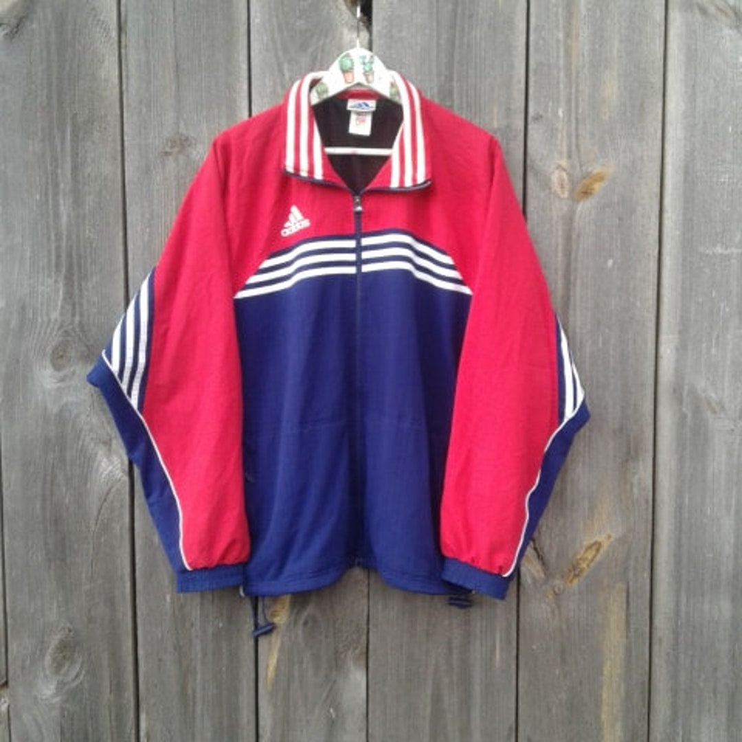 90s Vintage Adidas Jackets Man Sweatshirt Vintage Windbreake Track Jacket  Sport Clothing Women Sportswear Blue Red Bomber Size L or XL 