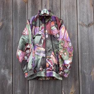 90s Windbreaker jacket women 90s Vintage Bomber Green Clothing Floral Purple blazer Flowers Clothes Satin Extra Large Jacket Long Sleeve XL