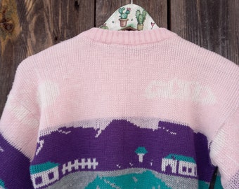 アウター 90s Vintage Flower Ecuador Knit Kids 90s Pink Sweater Girl Kids 80s Vintage Knit Embroidery Dog