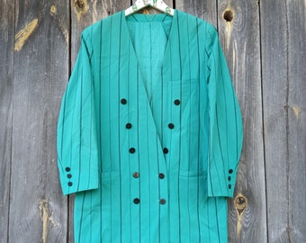 90er Grüner Vintage Blazer Gestreift Damen Jacke Zweireiher Damen Frühling Büro Kleidung Festival Kleidung L Large Gestreifter Blazer