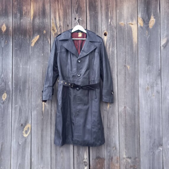 1990s Black Leather Trench Coat Men 90s Spring Vintage Jacket Rain 