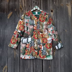 90s Baroque jacket Vintage Blazer Quilted Jacket Fall Green Red Floral People Colorful 80s Clothing size 42 L Button Up Made in Switzerland