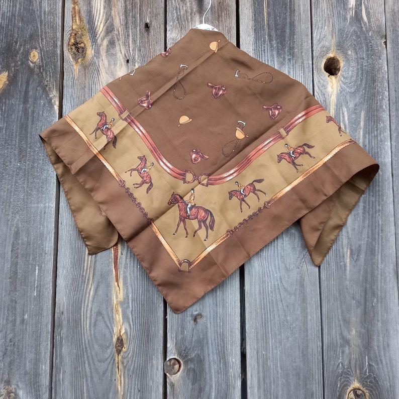 70s Scarf Womens Horse Brown Handkerchief Fall Riding Vintage Horse