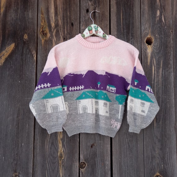 90s Pink sweater girl kids 80s Vintage knit embro… - image 1