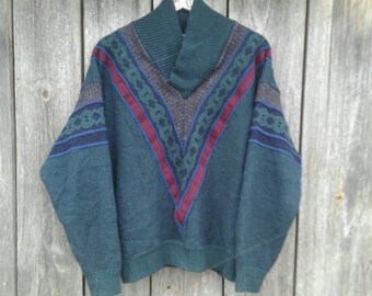 90s Vintage knit sweater men Patterned Jumper Sweatshirt Oversize Wool jumper women Colorful Cardigan Boho Size L Clothing Made in Ireland