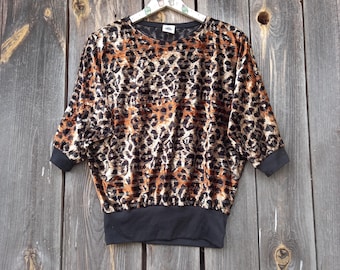 Velvet Leopard Blouse women Vintage 90s Batwing Sleeve Shimmer Top Size S/M