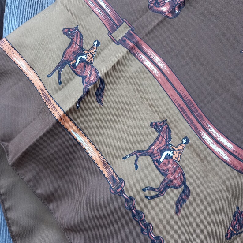 70s Scarf Womens Horse Brown Handkerchief Fall Riding Vintage Horse