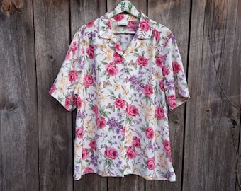 Blusa floral vintage de los 90: Top de manga corta con rosas rosas (L/XL)