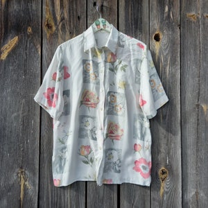 90s Floral Viscose Blouse: Vintage Oversized Top, L/XL