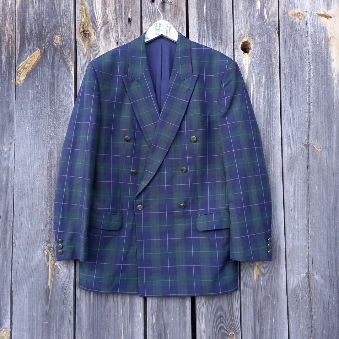90s Plaid Jacket Men Vintage Classic Mens Blazer 80s Blue Clothing ...