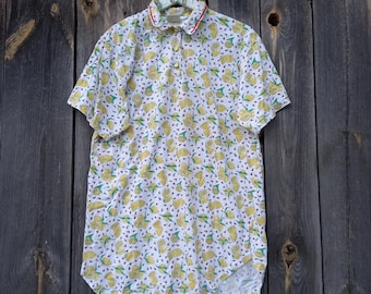 90s Vintage Lemon Print T-Shirt: Oversized Cotton Sleep Tee (L/XL)