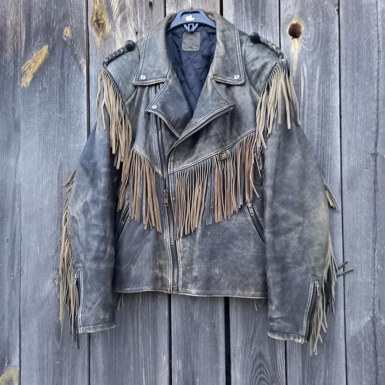 90s Vintage Fringe Leather Jacket for Men Modeka Boho Motorcycle