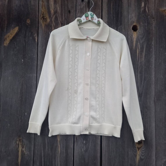 Vintage 60s Knit Cardigan: Ivory Polo Sweater, Button-Up Top