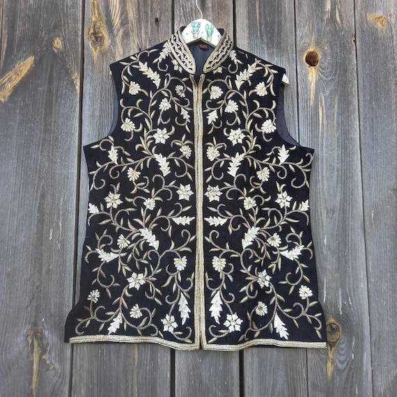 Vintage Embroidered Velvet Vest Men Unisex Indian Ethnic Waistcoat 