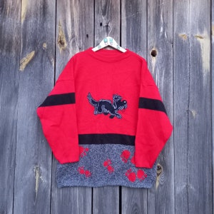 90s Red knit sweater women Vintage Dog Embroidered Sweatshirt men Scottish terrier Oversize jumper Hippie cardigan Flower Women&#39;s jacket M L
