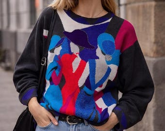 Jersey de los 90 para mujer, jersey vintage, silueta de punto con cuentas, jersey llamativo, colorido, abstracto, de punto, talla L