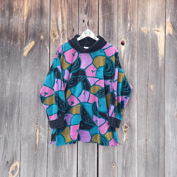 90s Vintage Turtleneck Sweater: Colorful Velour Batwing Sleeve