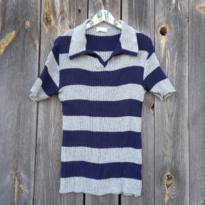 70s Vintage mens golf shirt polo sweater men Grey T-Shirt Blue Knitted Top Short Sleeve Sport clothing Striped XL 52 Classic Clothes Collar