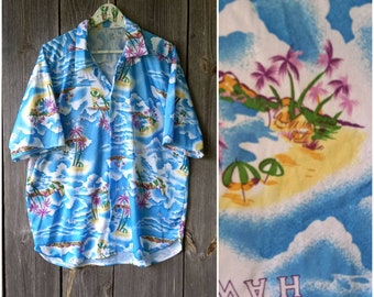 90s Vintage Hawaiian shirt Parrots Vacation Summer Beach clothes 80s Oversize Size L clothing women Plumeria flower Colorful Party Tropical