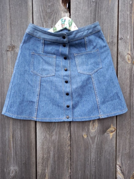 Vintage Mini Button up Front Mini Skirt 70s Denim Jeans Skirts