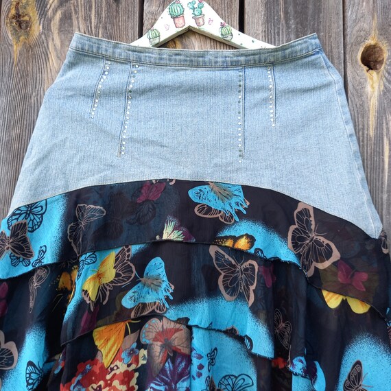 Y2K Denim Skirt: Vintage Asymmetrical Floral Ruffle Skirt (M) - Etsy