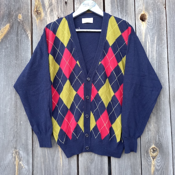 90s Vintage Wool Argyle Cardigan: United Colors of Benetton, Size