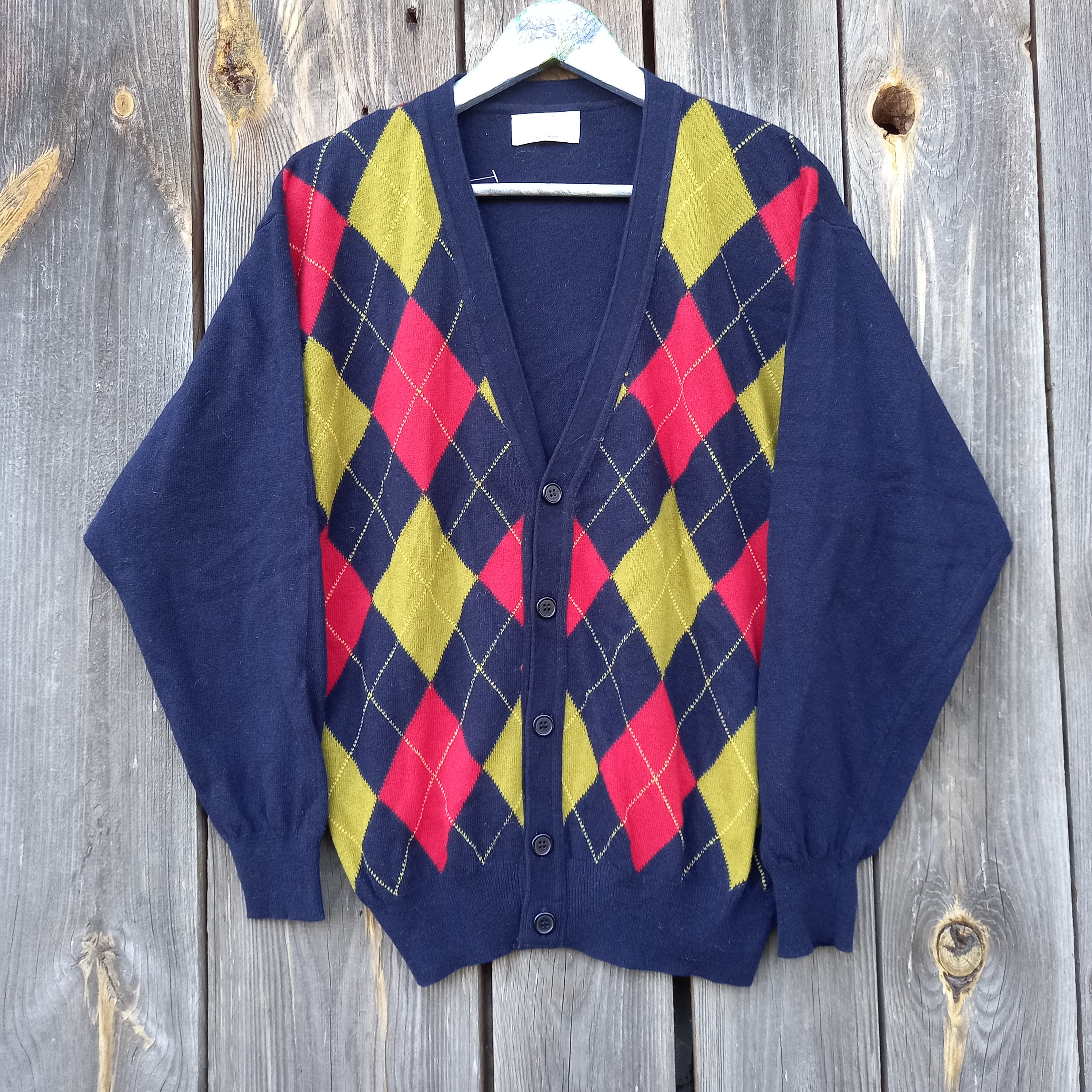 90s Vintage Wool Argyle Cardigan: United Colors of Benetton, Size