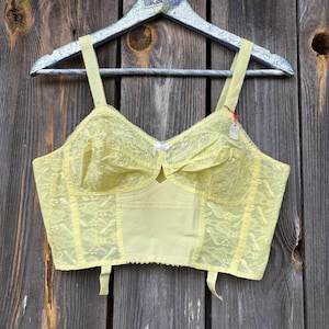 Reggiseno lungo vintage in pizzo giallo EVA anni '60 '70, bralette in pizzo trasparente, bustier giallo limone, lingerie pin-up, top boudoir retrò