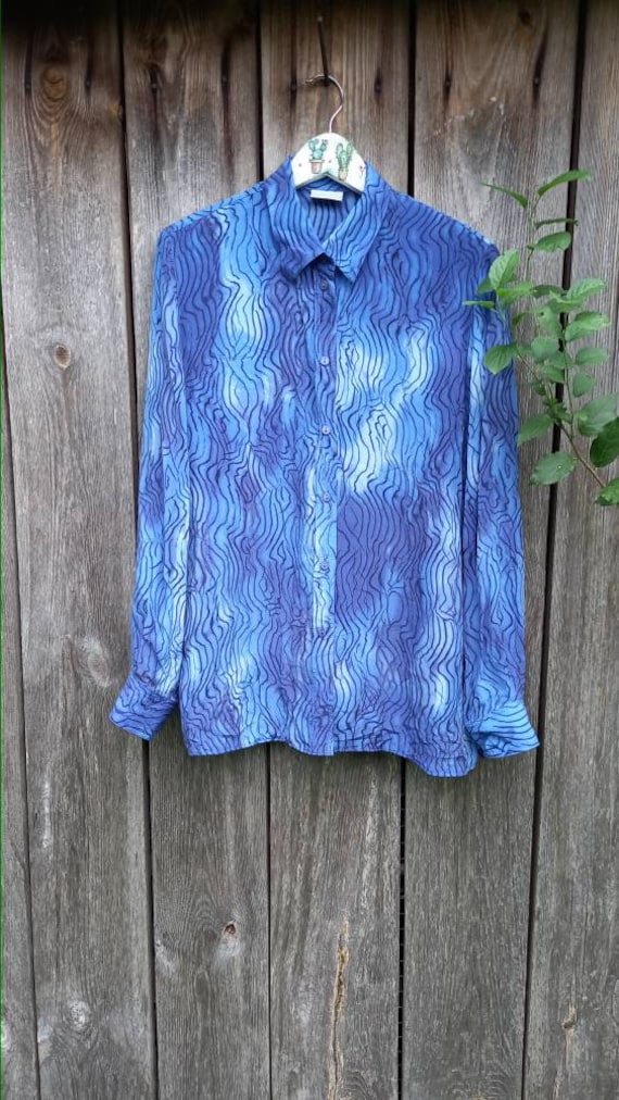Blusa azul de los anos 80 para mujer Blusas de verano vintage Tie tinte VTG 1990 Camisa de abstraccion negra Manga larga Ropa retro Ropa de gran tamano Grande Etsy Espana