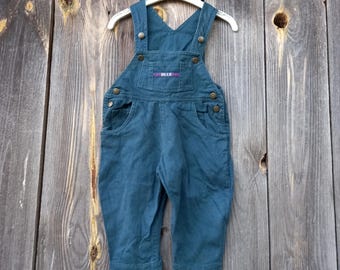 Vintage 80s Denim Jumpsuit Baby boy Green Romper Overalls girl Size 12M