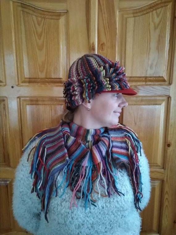 Vintage Knit Hat & Scarf Set: Striped Rainbow Fringe, Made  display picture 3