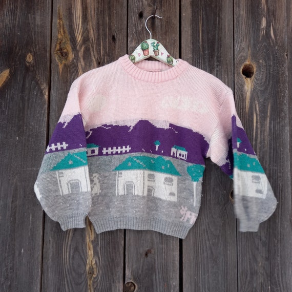 90s Pink sweater girl kids 80s Vintage knit embro… - image 2