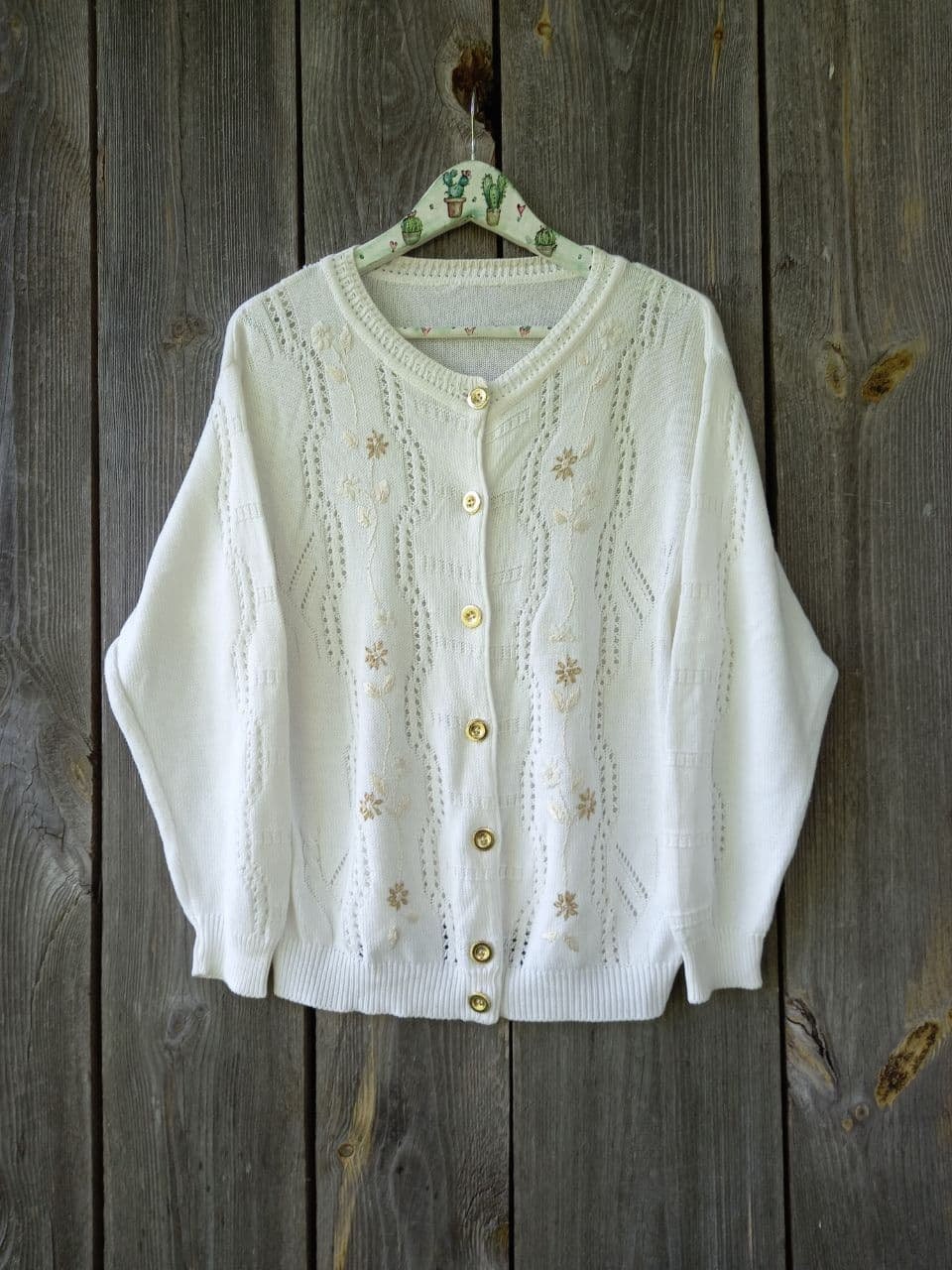 トップス [Vintage]90s Line Zip Hemp Knit cardigan Vintage Embroidered Knit Cardigan: 90s Boho Hippie Sweater (L/XL