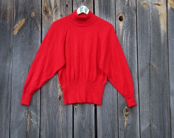 Golf z moheru w kolorze czerwonym w stylu vintage – sweter z dzianiny w stylu lat 70. i 80., rozmiar M