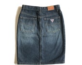 Vintage Guess Jeans Denim Pencil Skirt - Fitted designer mini skirt -pockets - leather label- nineties 90s - W27