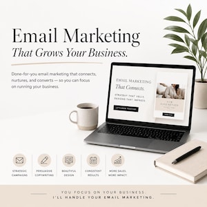 May include: A laptop screen shows "Email Marketing That Connects" and a "New Collection" advert. The image promotes email marketing services, with icons for campaigns, copywriting, design, results, and sales. A coffee cup, pen, and notebook are also present.