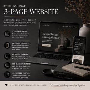 May include: A professional 3-page website design advertisement. A laptop and smartphone display a website with the text "Elevated Design. Meaningful Results." The image includes the text "3 Strategic Pages," "Designed to Convert," and "Mobile-Responsive."