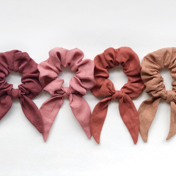 Linen scrunchies with bow pink scrunchie, linen hair scarf, removable bow scrunchies, zero waste gift, linen scrunchie, stocking stuffer.