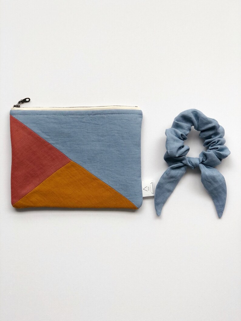 Zero waste cosmetic linen pouch and scrunchie/ make up zipper pouch/ linen wallet / linen pencil case/ cosmetic bag/geometric make up bag image 2