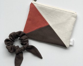 Zero waste  linen pouch + scrunchie/ make up zipper pouch/brown, red and white linen pencil case/ linen make up bag